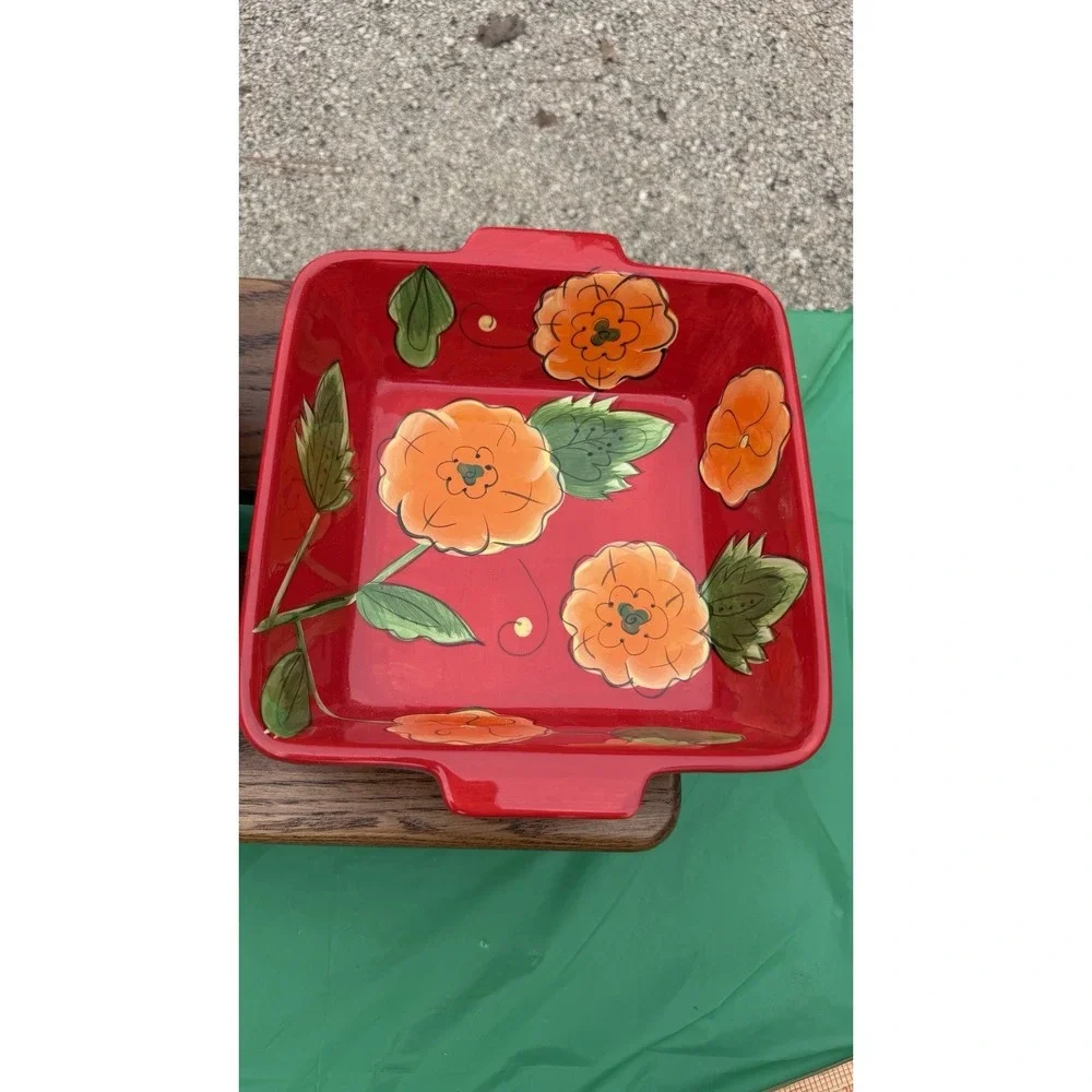 Temp-tations Poppy Passion 2 Qt Square Bowls Set‎ of 2 Red Floral Bakeware